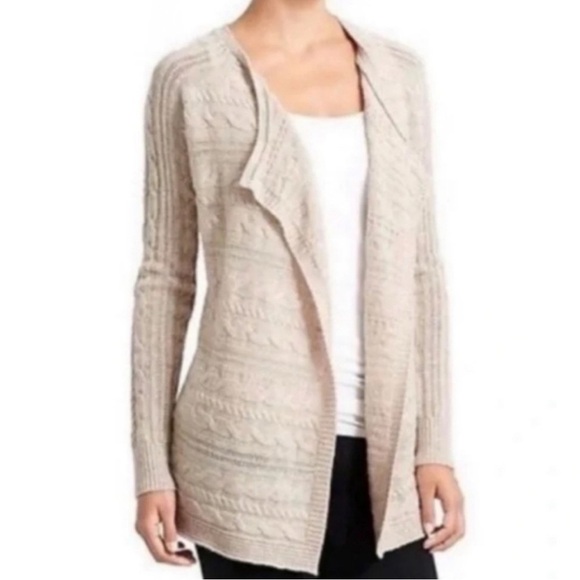 Athleta Tan Oatmeal Cable Knit Merino Wool Open Front Cardigan Size Medium - Picture 4 of 4